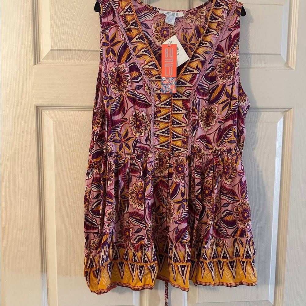 BRAND NEW BUNULU Floral V-Neck Top - Purple and Yellow